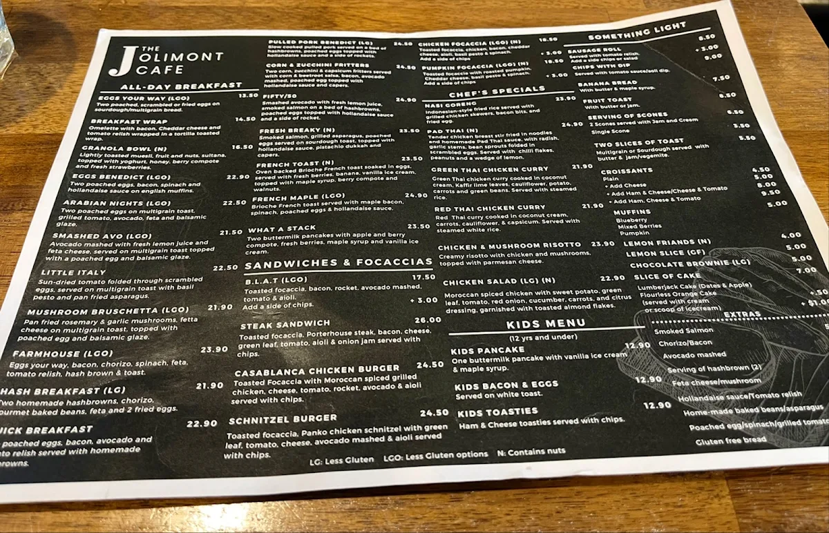 Menu, The Jolimont Cafe