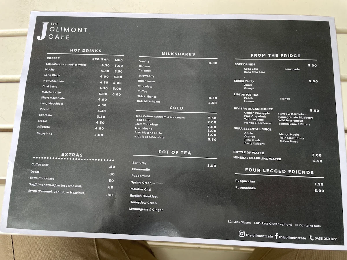 Menu, The Jolimont Cafe
