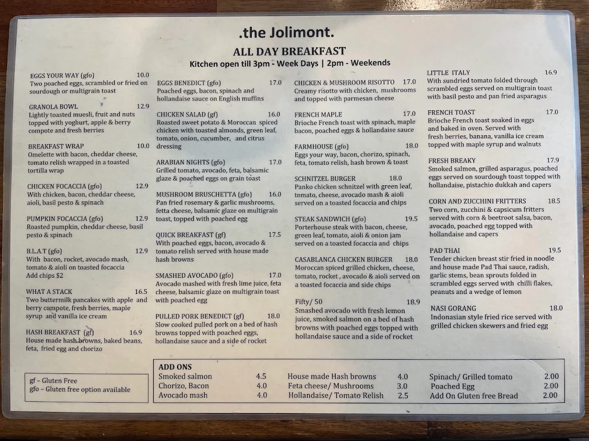 Menu, The Jolimont Cafe