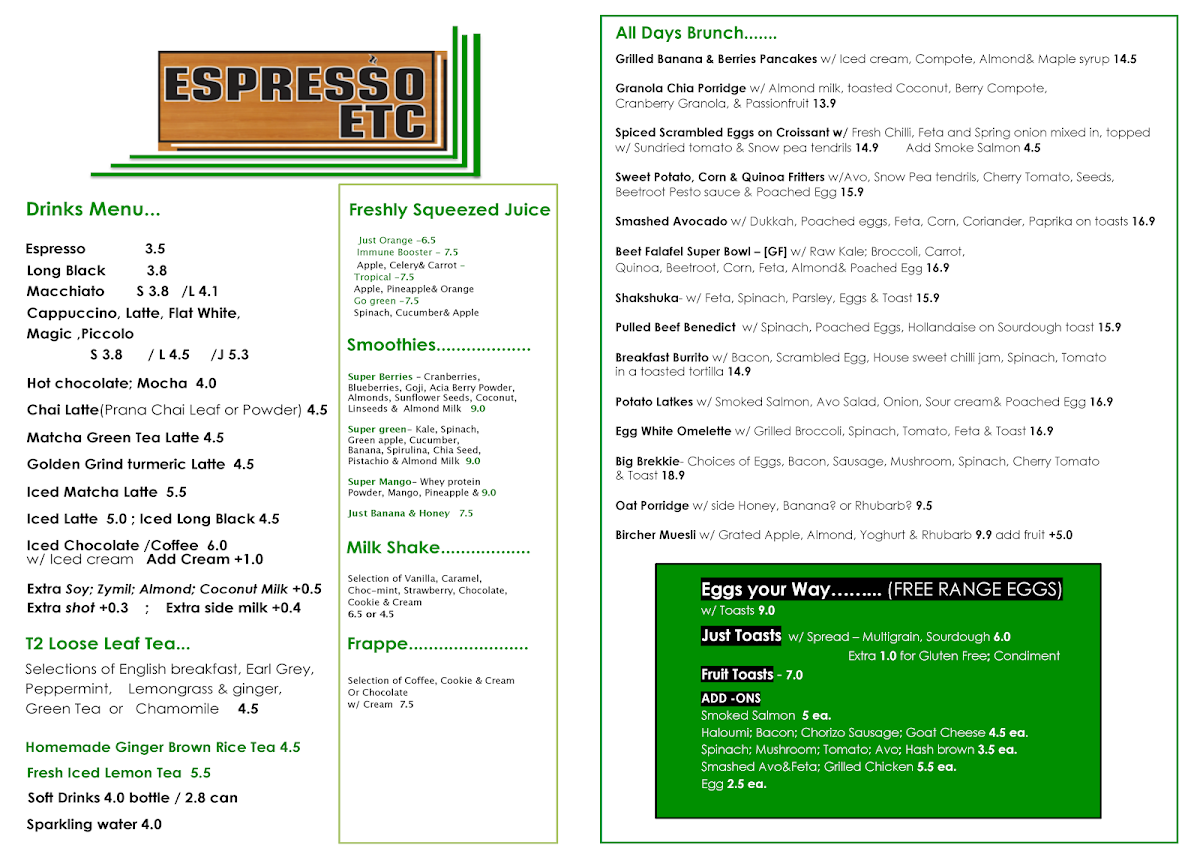 Menu, Espresso Etc