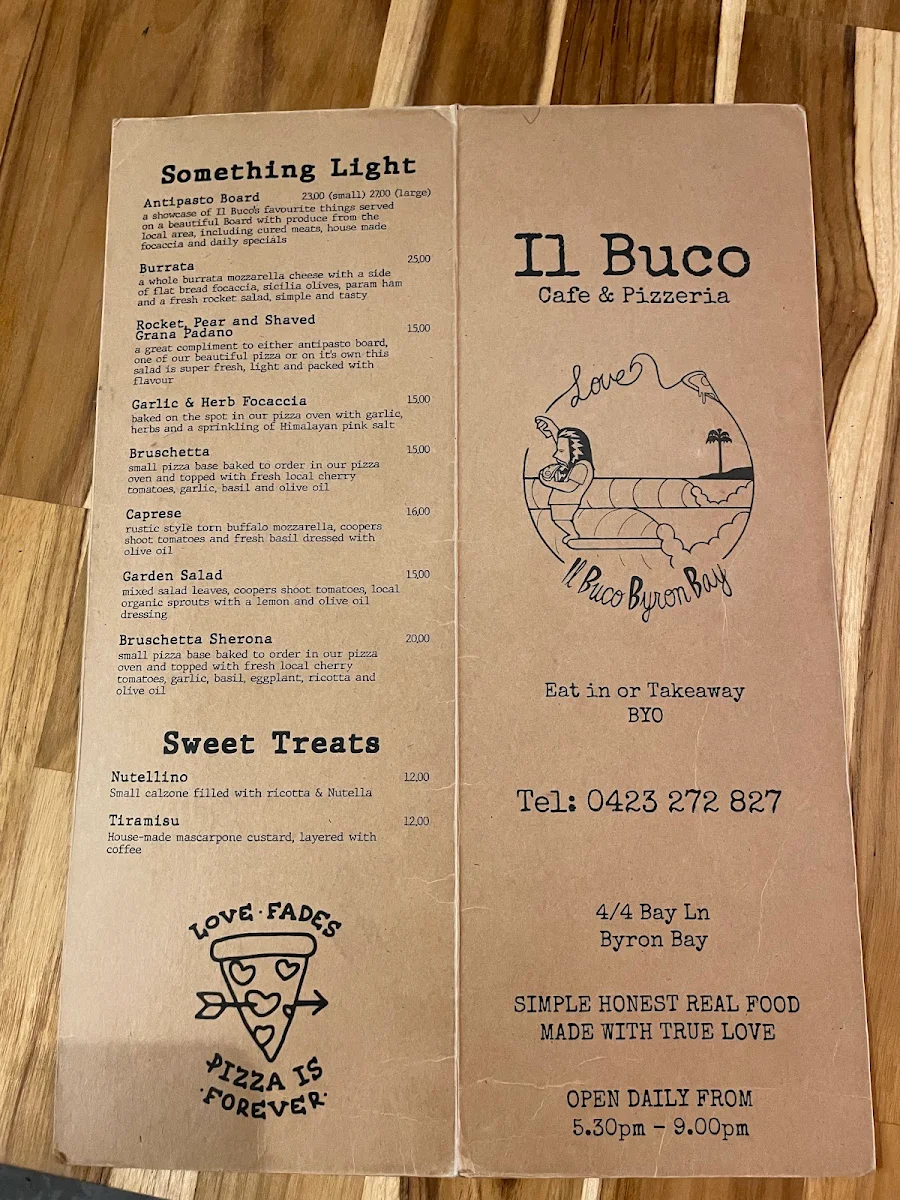 Menu, Il Buco Cafe & Pizzeria