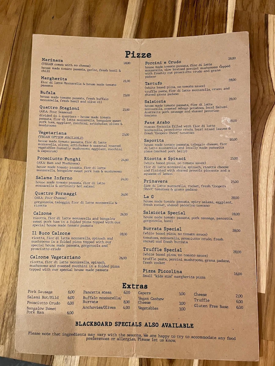 Menu, Il Buco Cafe & Pizzeria