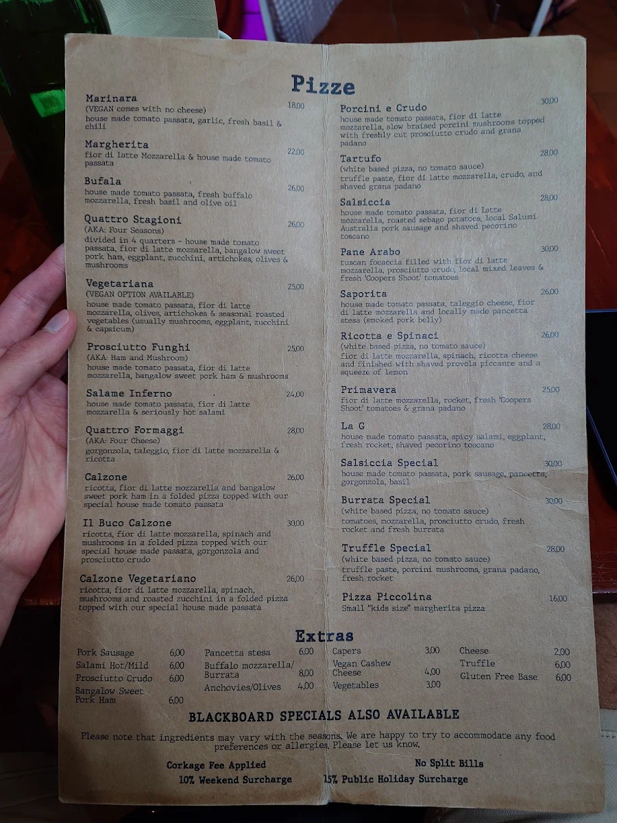 Menu, Il Buco Cafe & Pizzeria