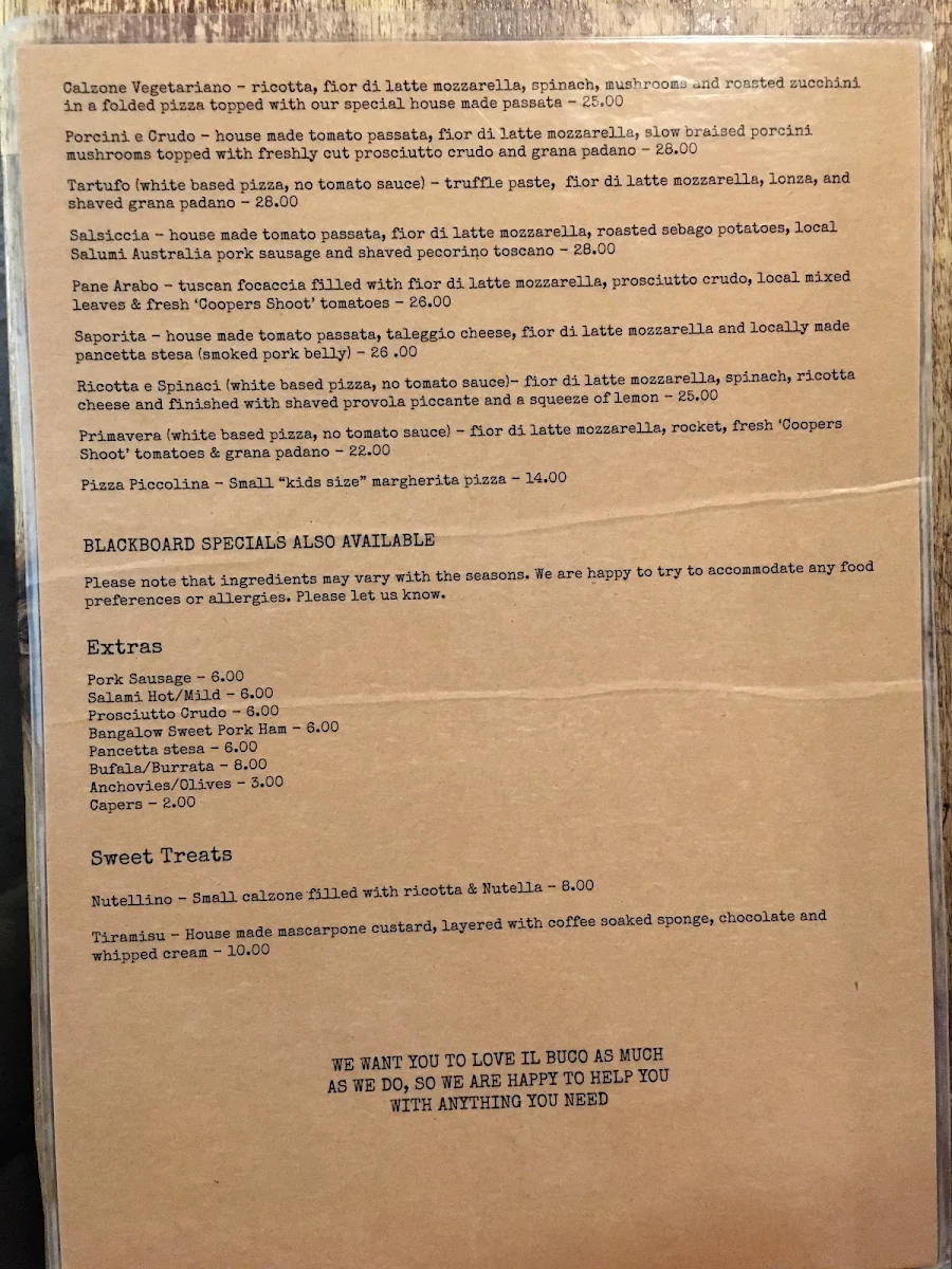 Menu, Il Buco Cafe & Pizzeria