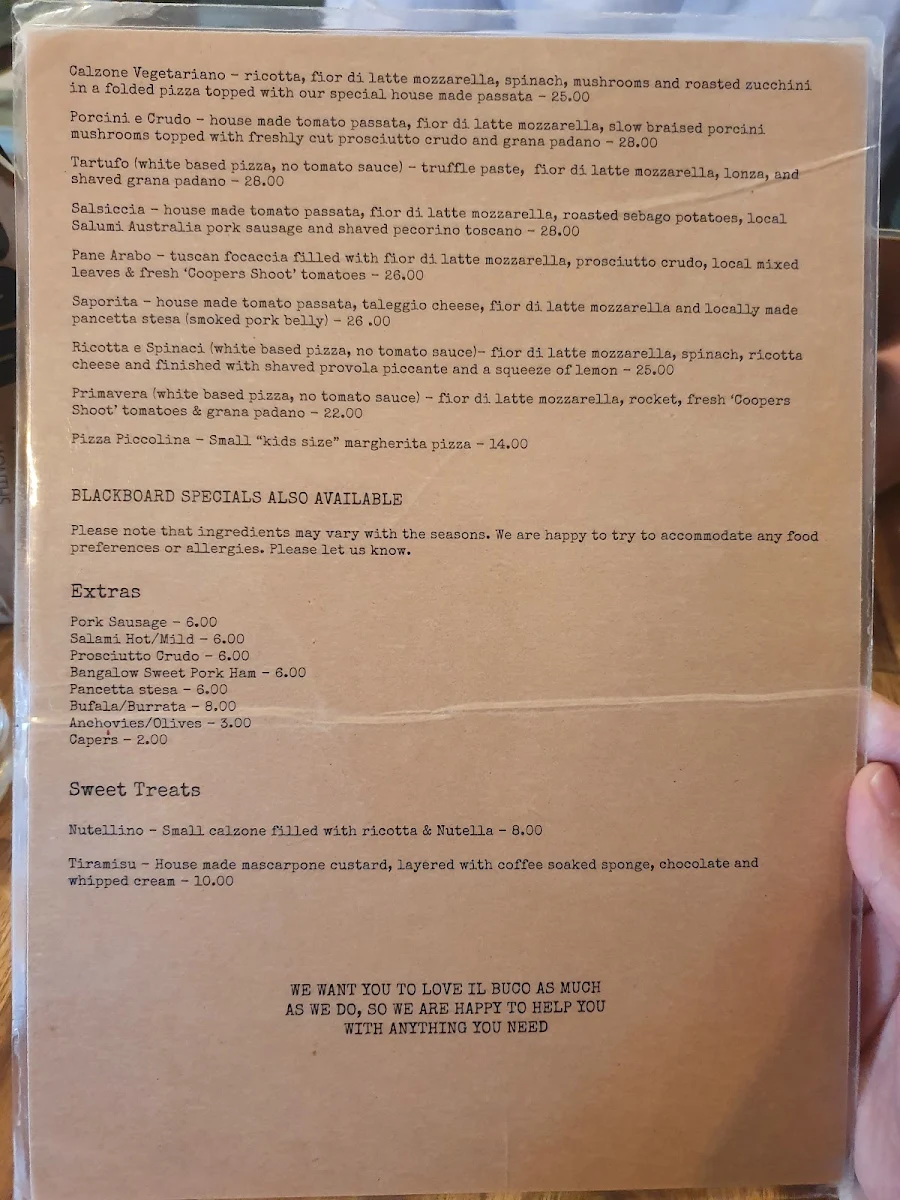 Menu, Il Buco Cafe & Pizzeria