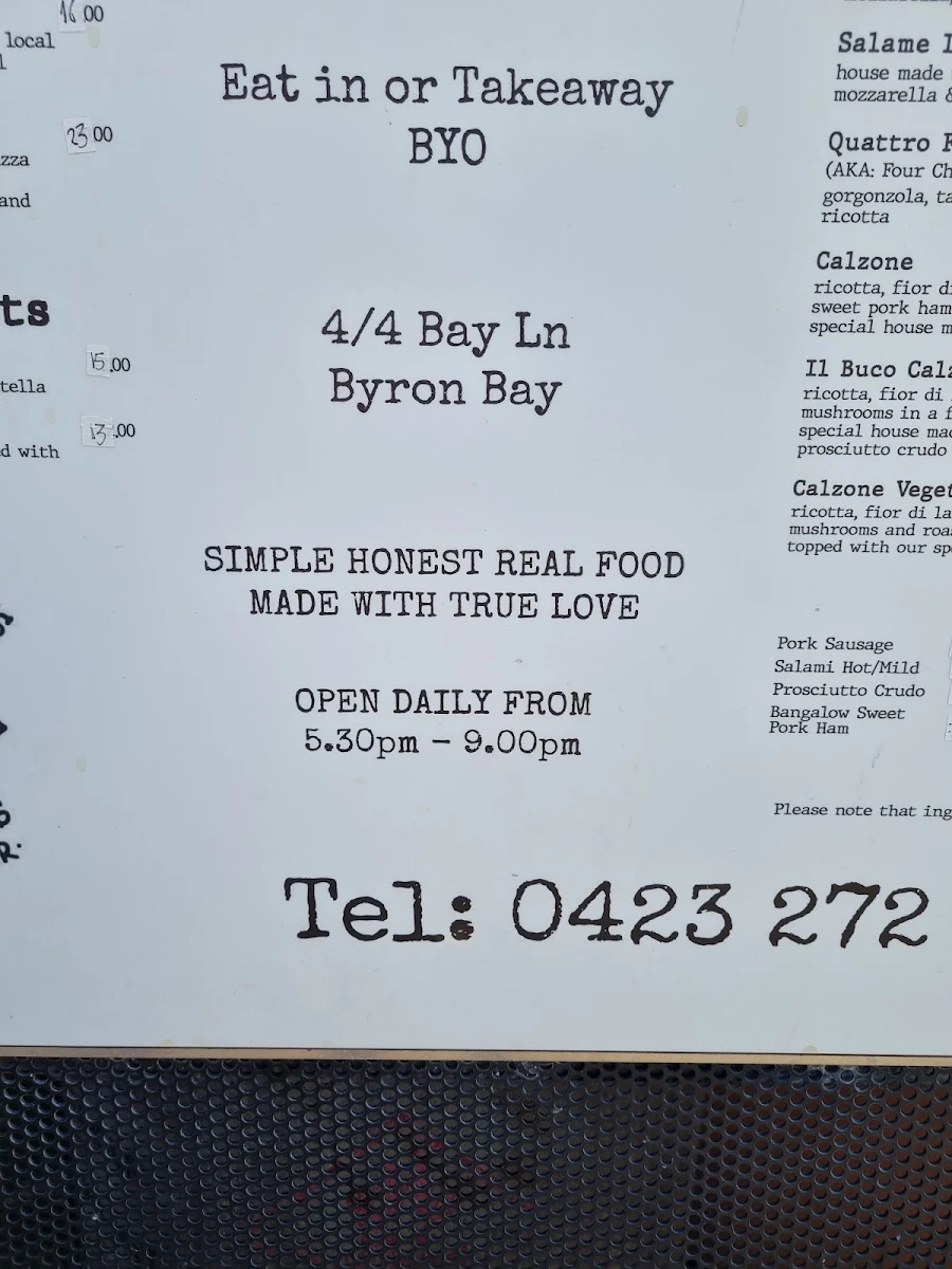 Menu, Il Buco Cafe & Pizzeria