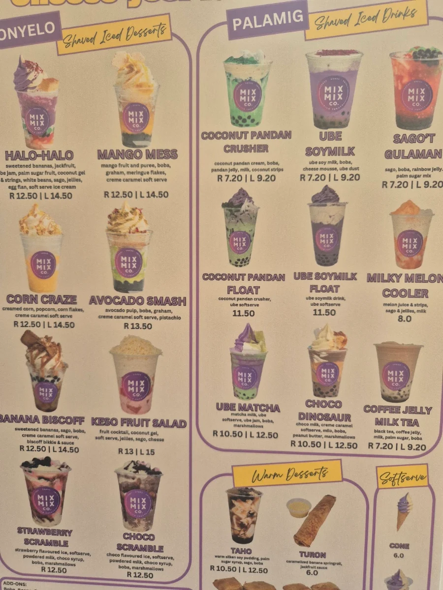 Menu, Mix Mix Co. Rooty Hill