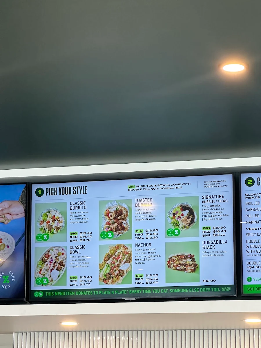 Menu, Zambrero Preston