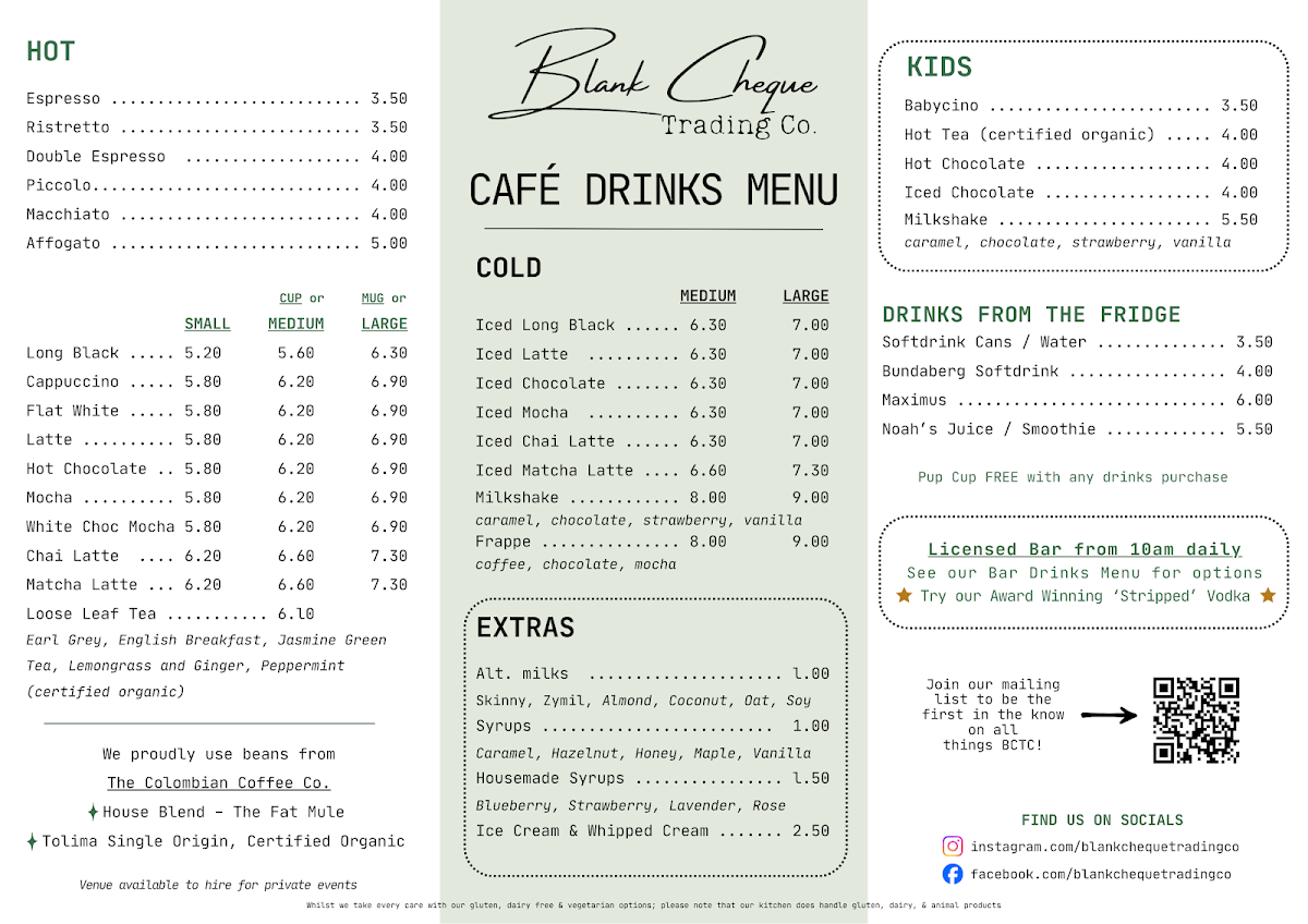 Menu, Blank Cheque Trading Co.