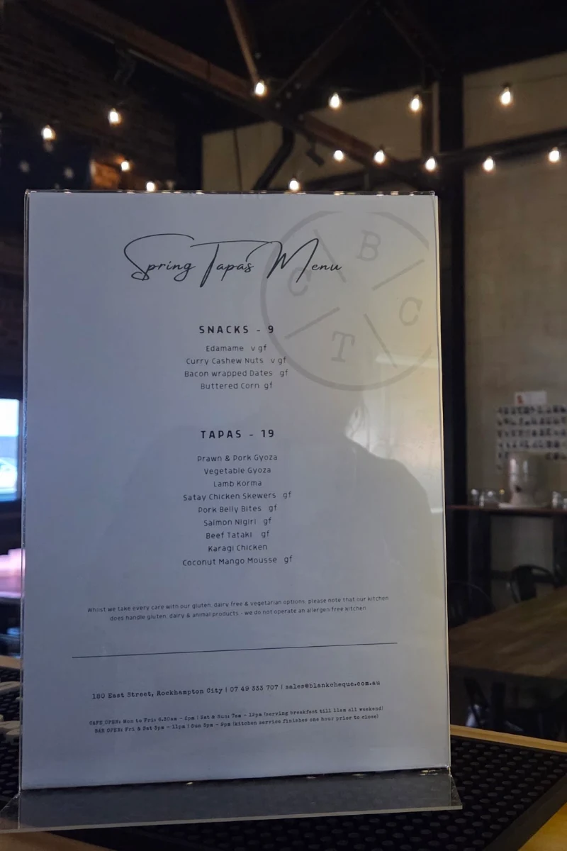 Menu, Blank Cheque Trading Co.