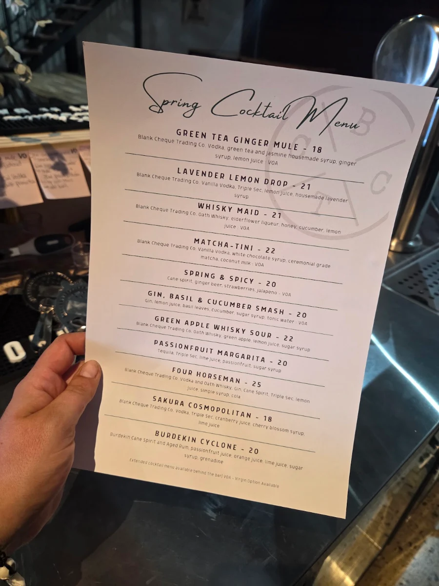 Menu, Blank Cheque Trading Co.
