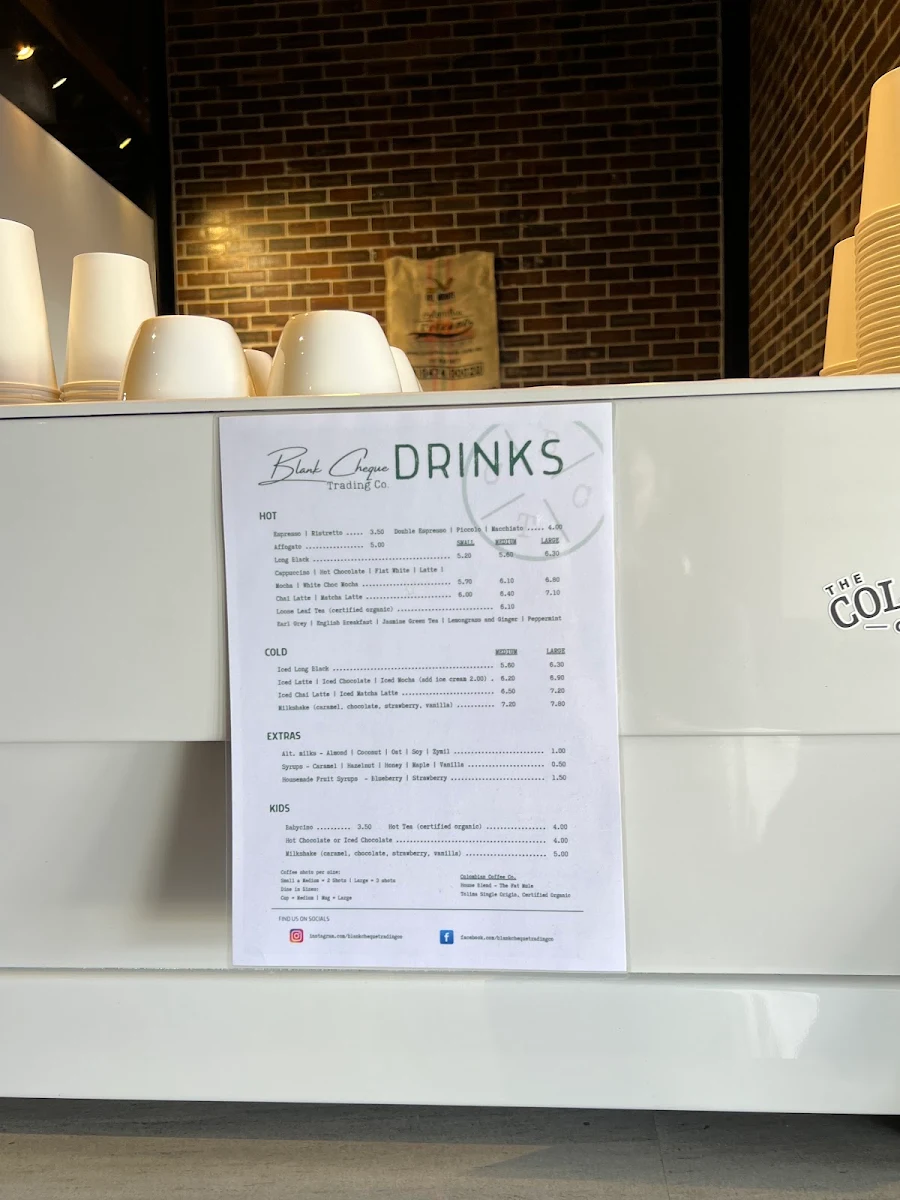 Menu, Blank Cheque Trading Co.