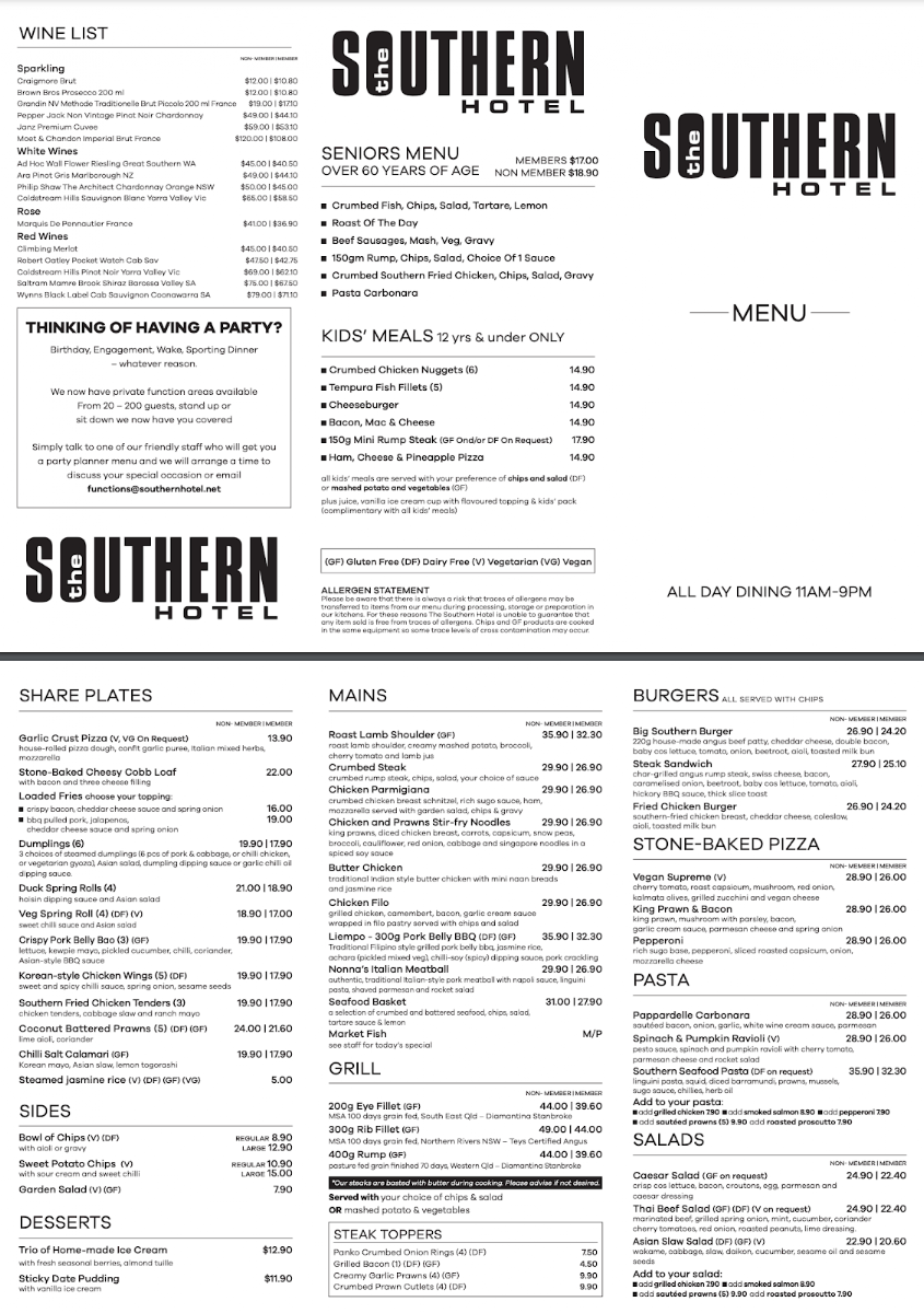 Menu, The Southern Hotel