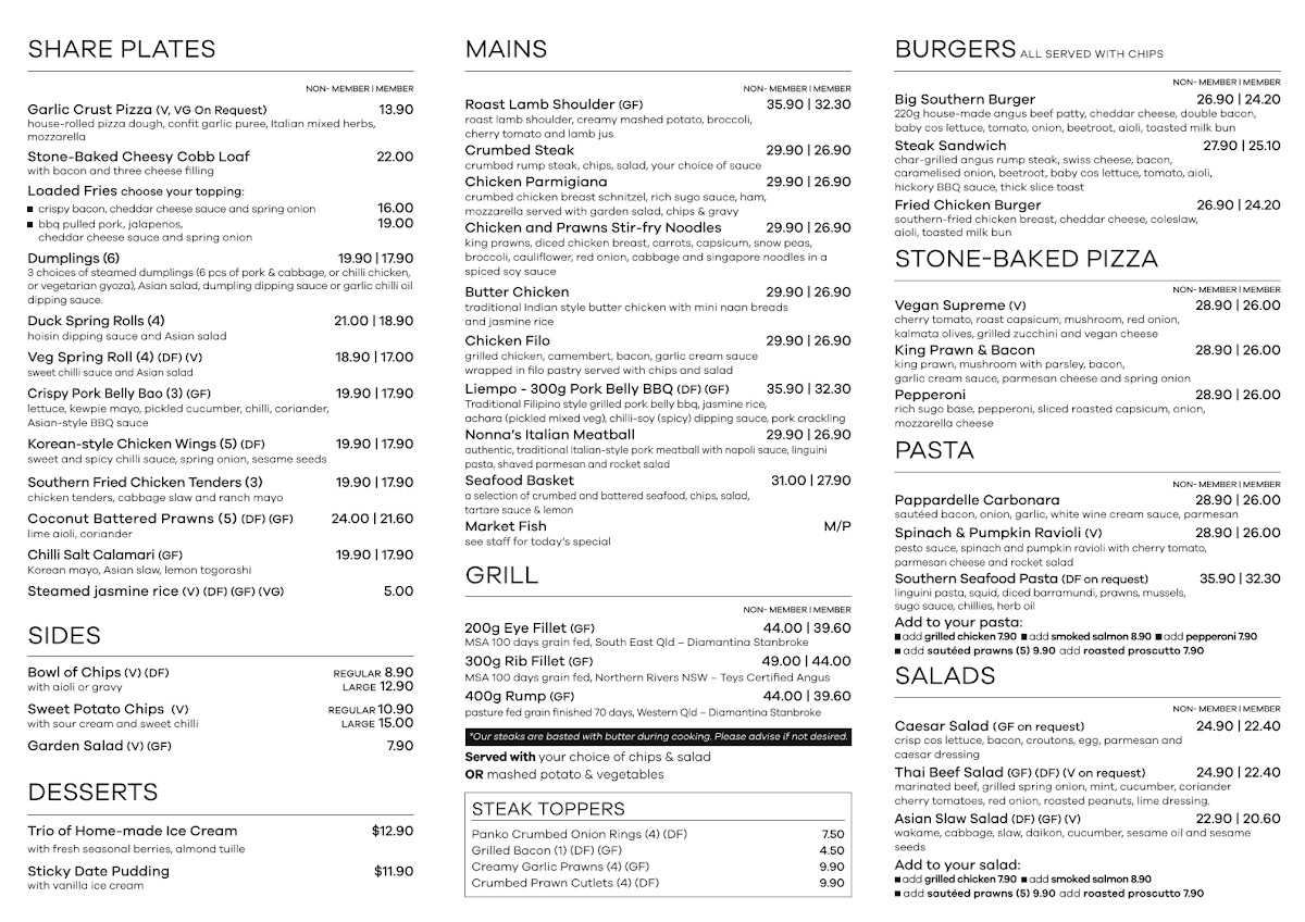 Menu, The Southern Hotel