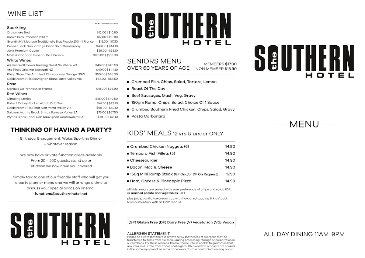 Menu, The Southern Hotel