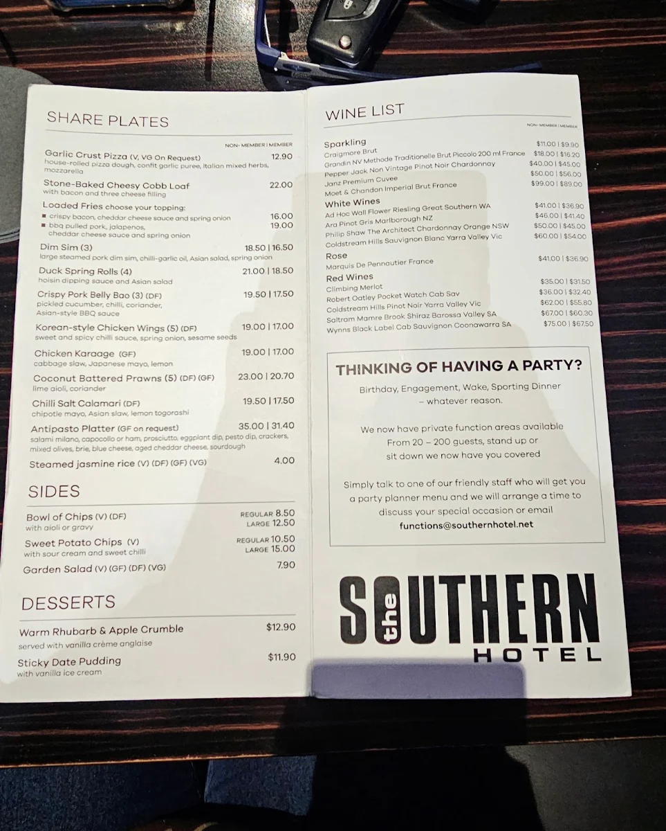 Menu, The Southern Hotel