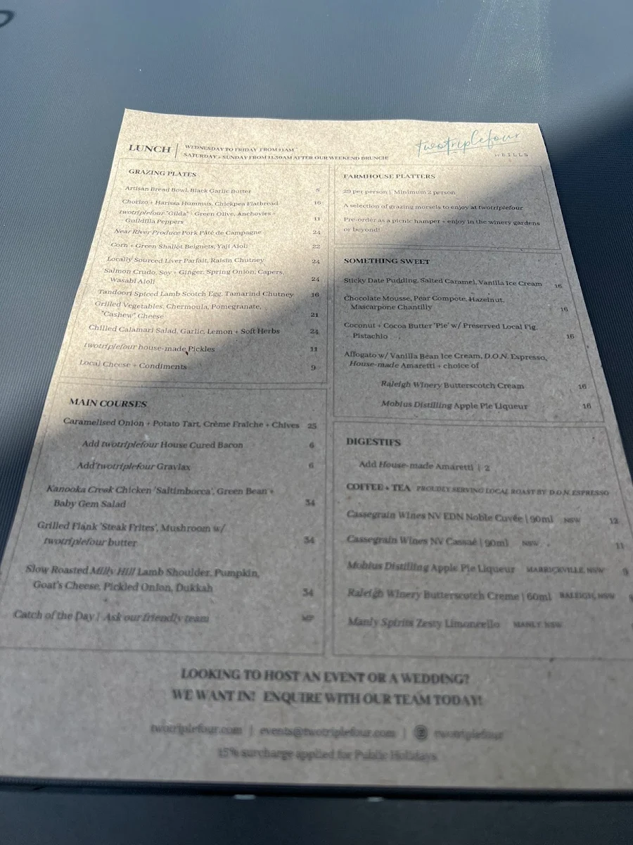 Menu, Twotriplefour by Bills