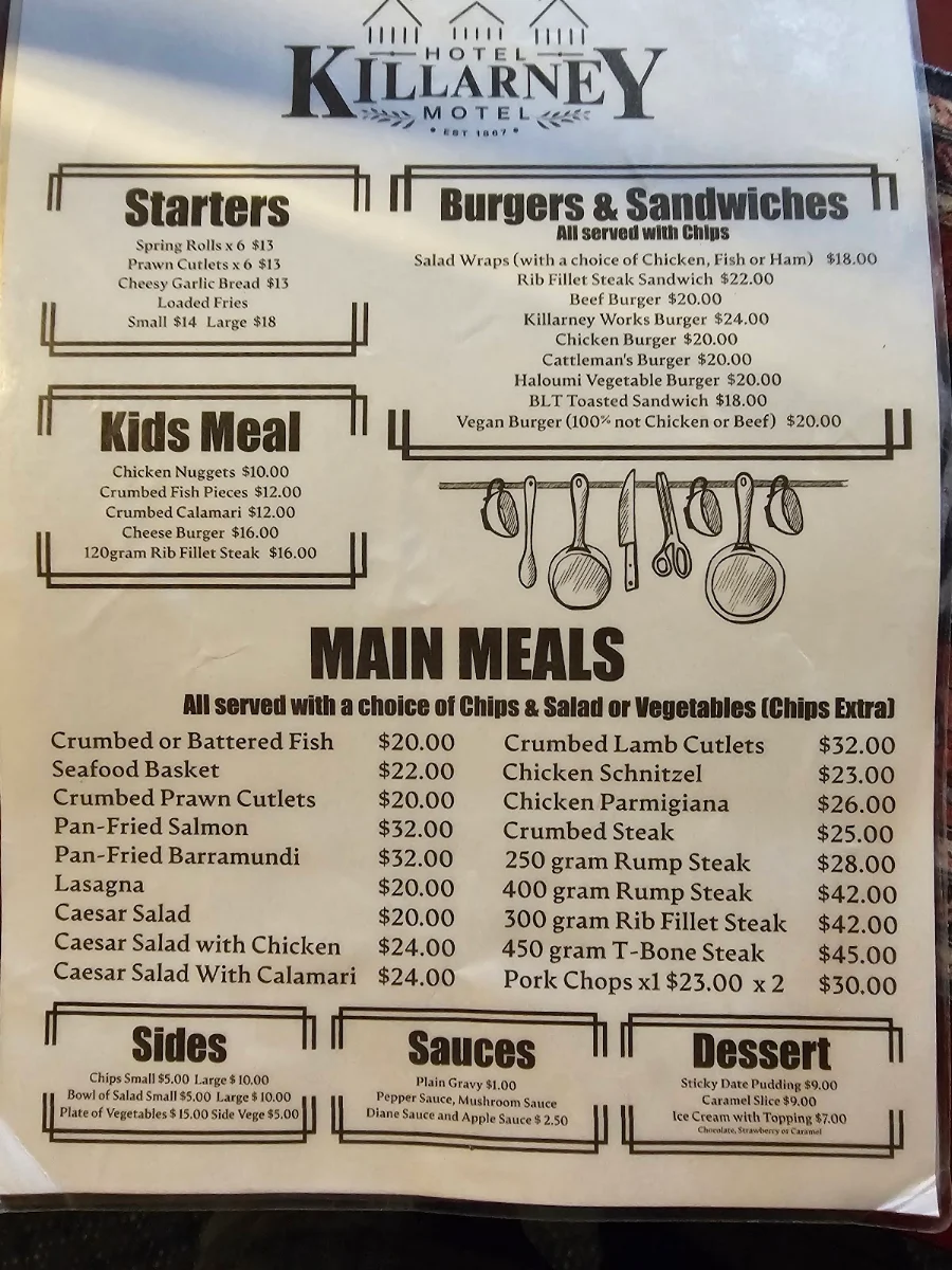 Menu, Killarney pub