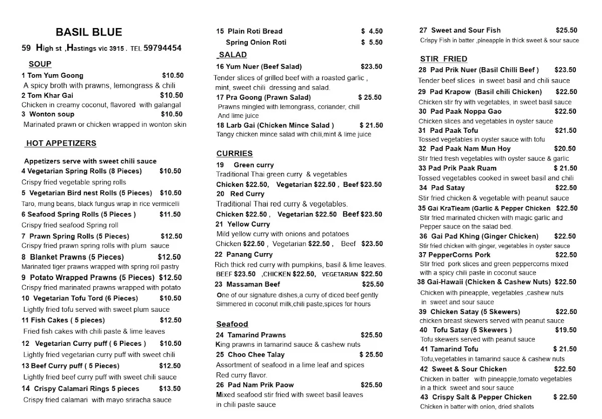 Menu, Basil Blue