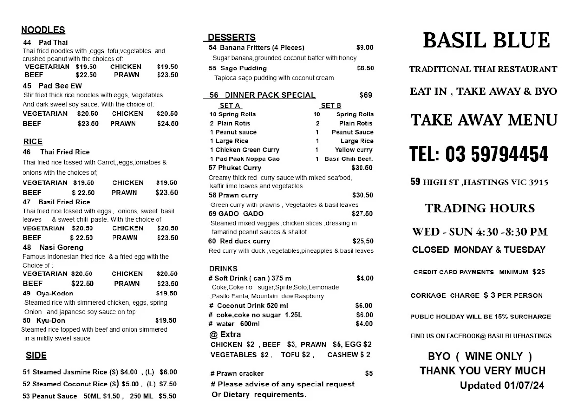 Menu, Basil Blue