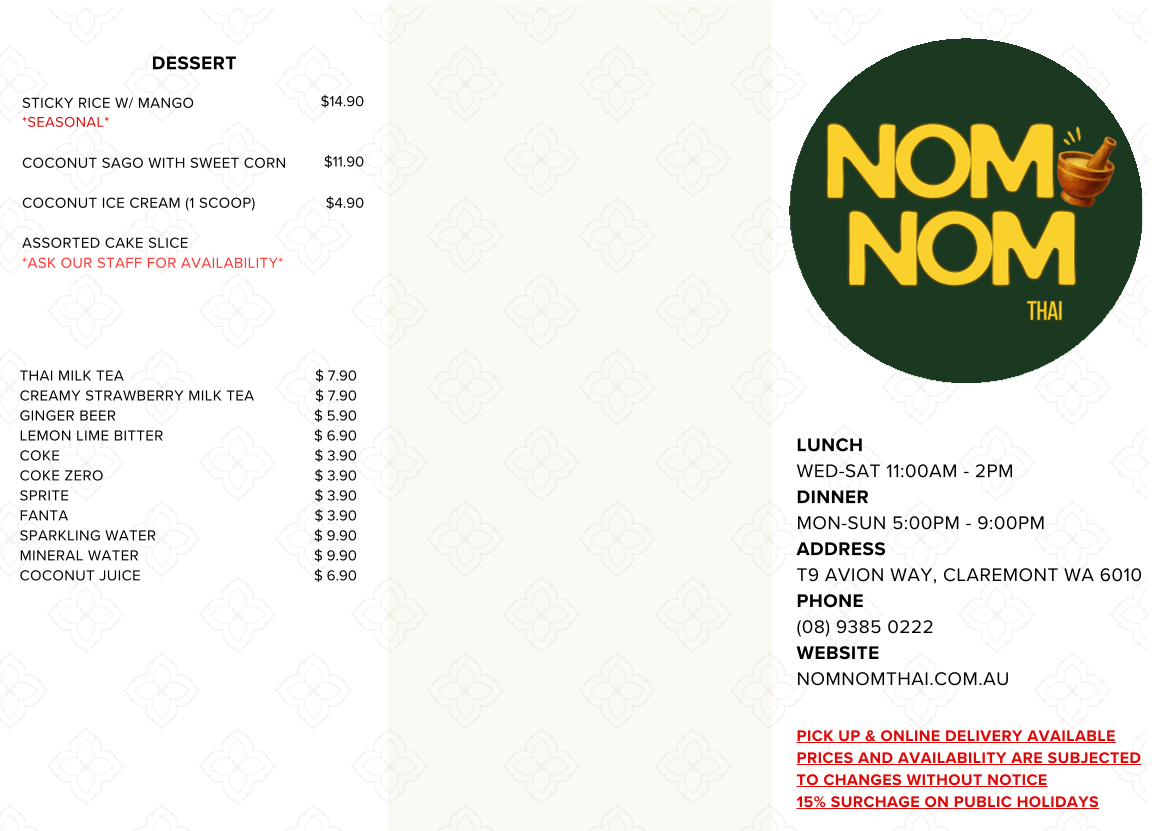 Menu, Nom Nom Thai Restaurant