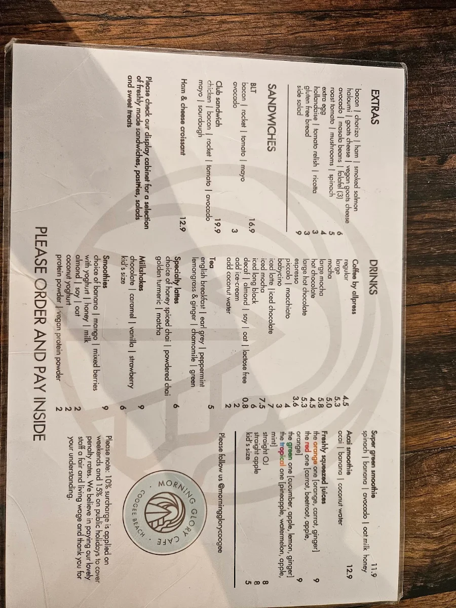 Menu, Morning Glory Cafe