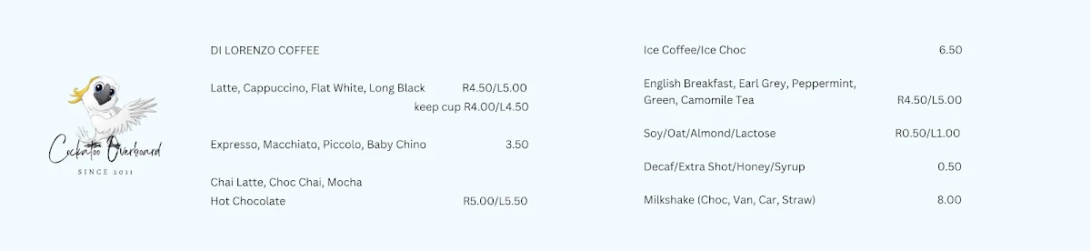 Menu, Cockatoo Overboard