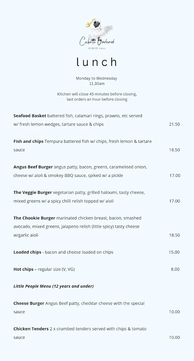 Menu, Cockatoo Overboard