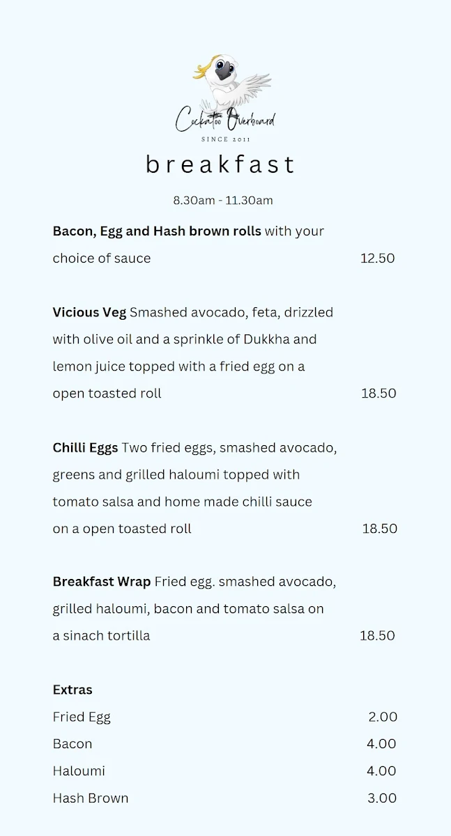 Menu, Cockatoo Overboard