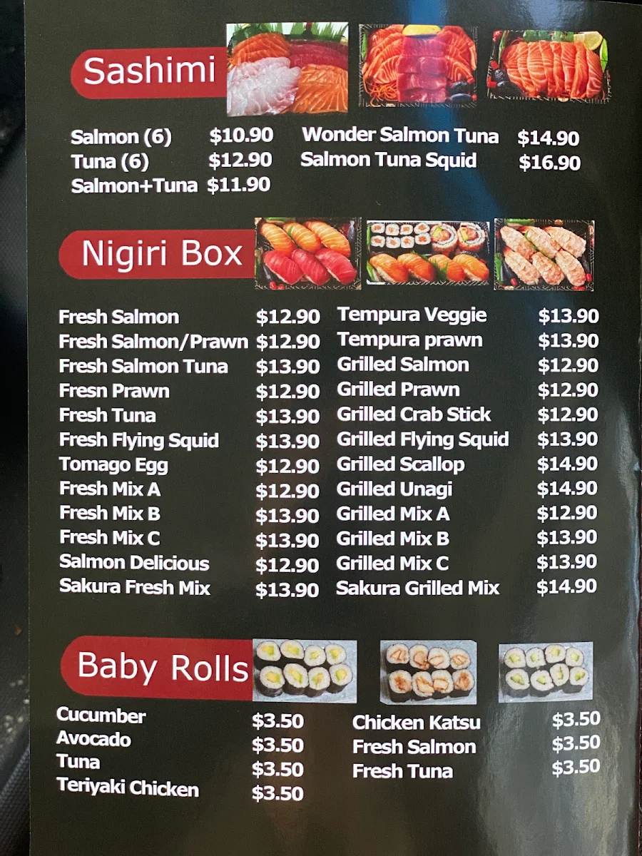Menu, Sakura Japanese Cuisine