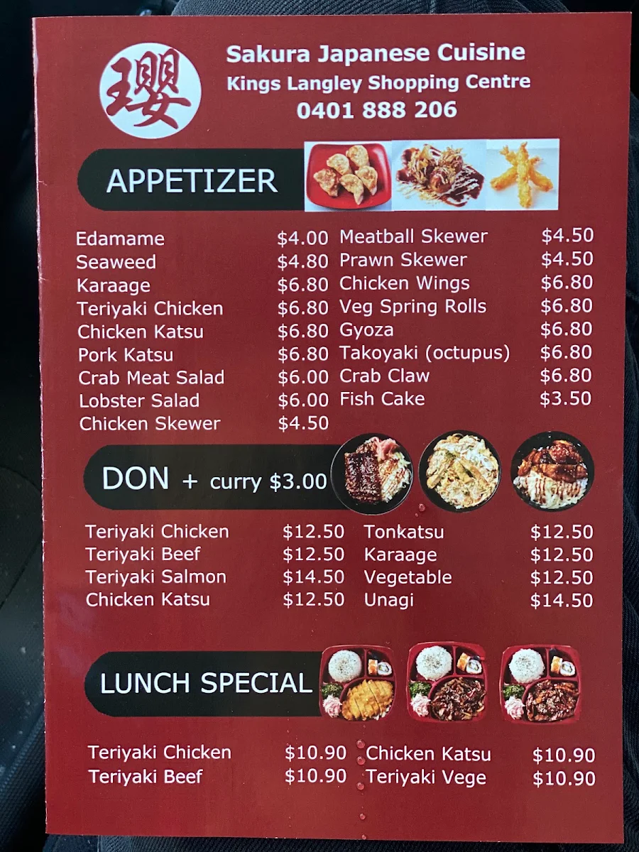Menu, Sakura Japanese Cuisine
