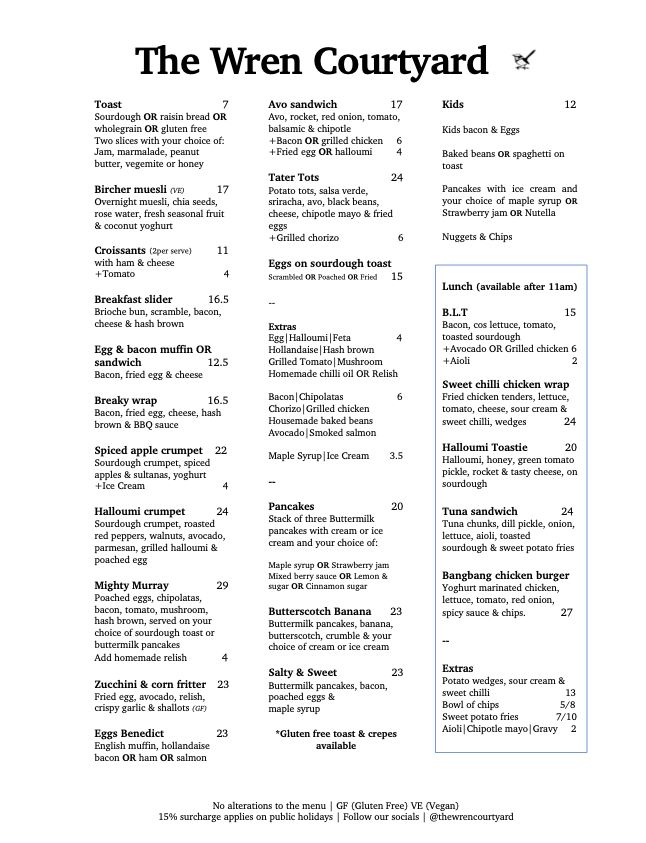 Menu, The Wren Courtyard