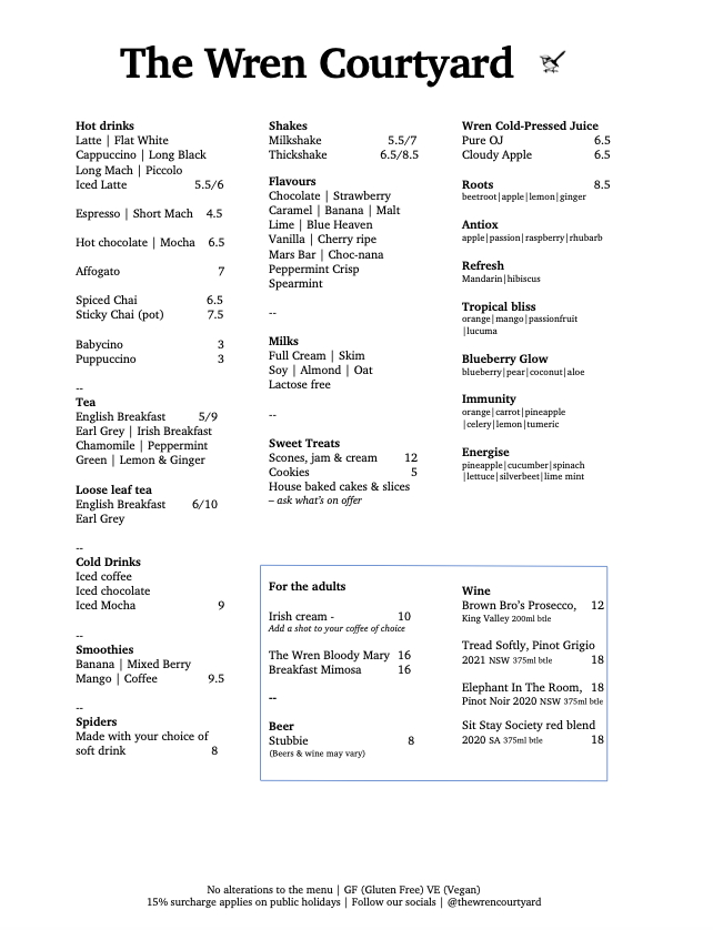Menu, The Wren Courtyard