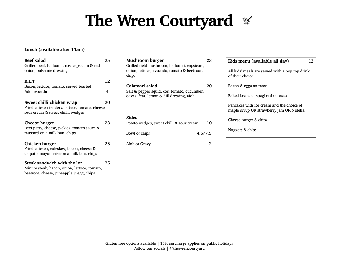 Menu, The Wren Courtyard