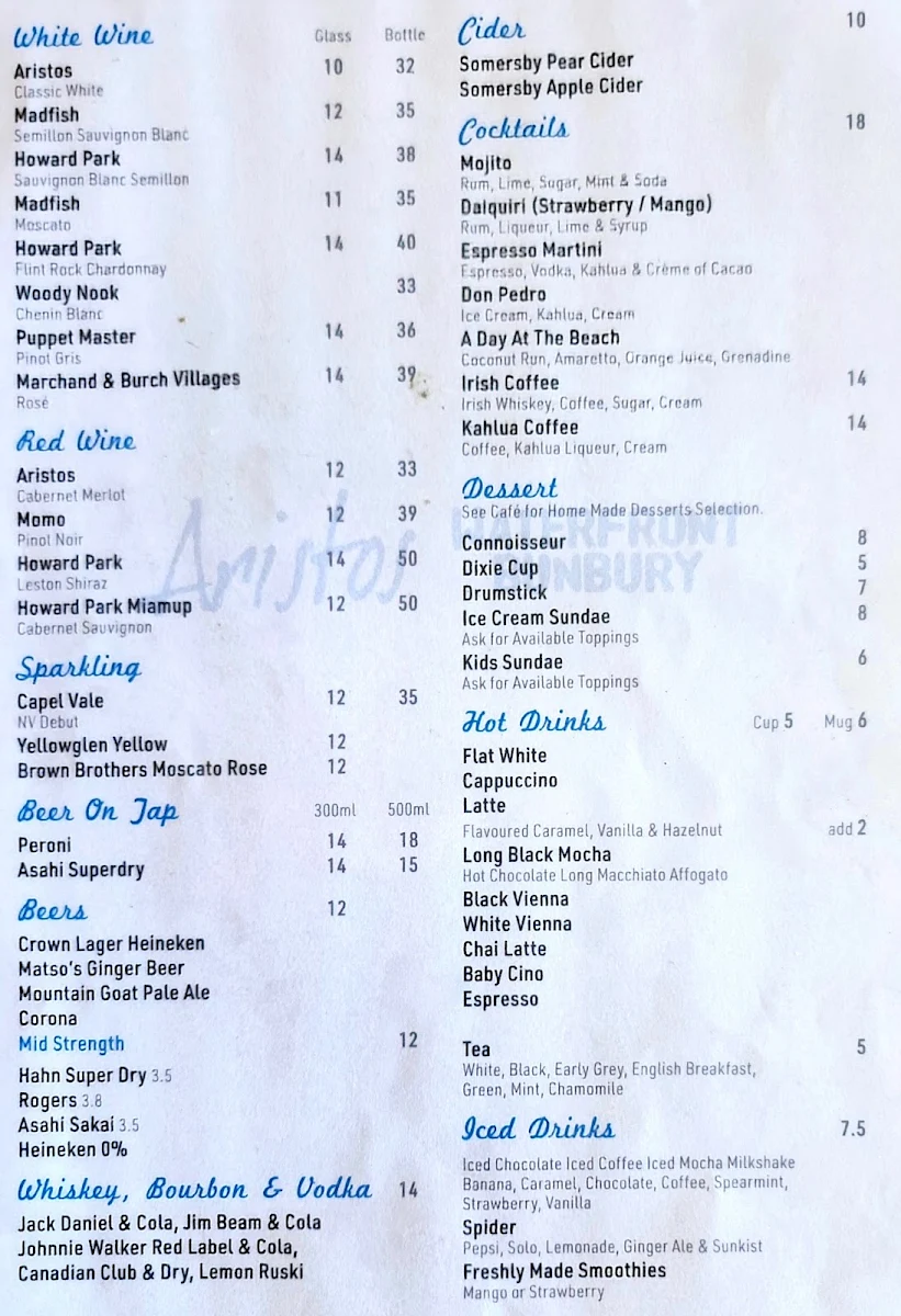 Menu, Aristos Waterfront Bunbury