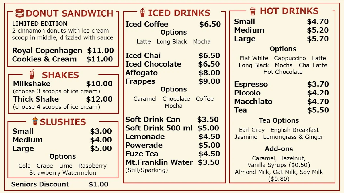 Menu, Royal Copenhagen Ice Cream