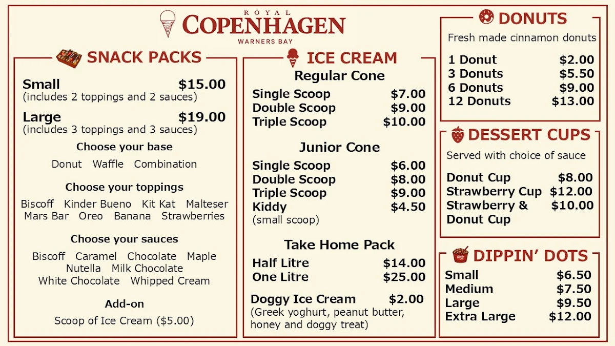 Menu, Royal Copenhagen Ice Cream