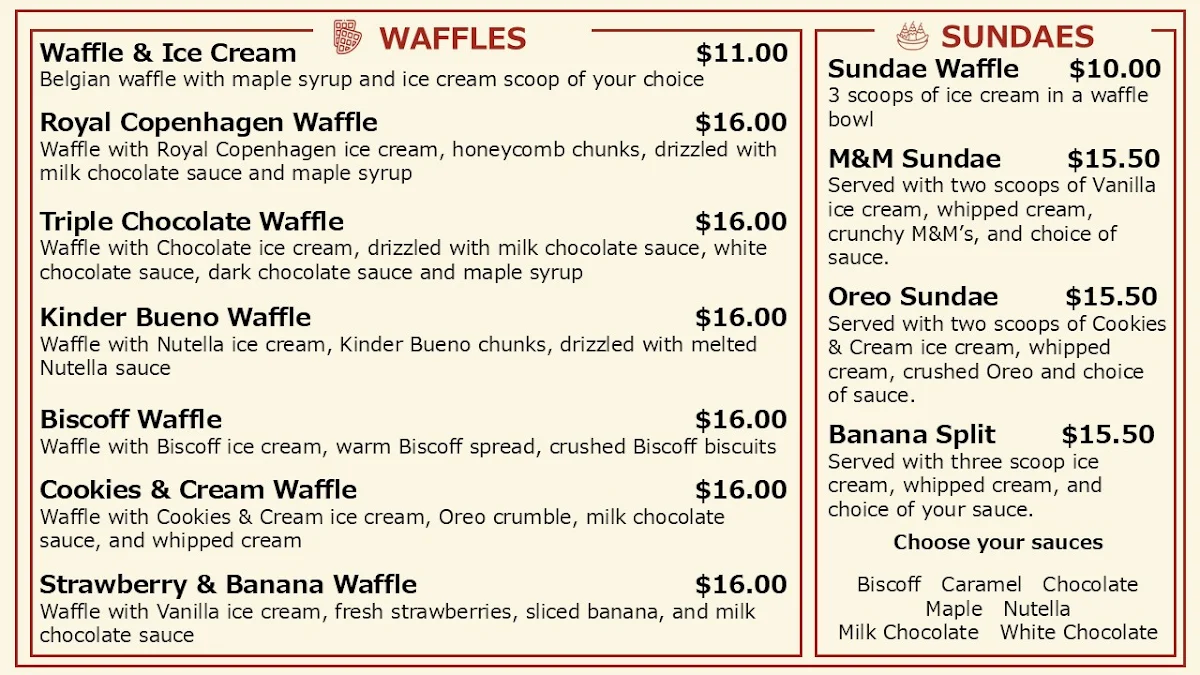 Menu, Royal Copenhagen Ice Cream