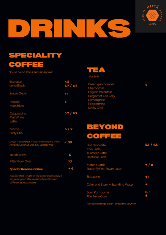 Menu, Metta Sol Specialty Coffee