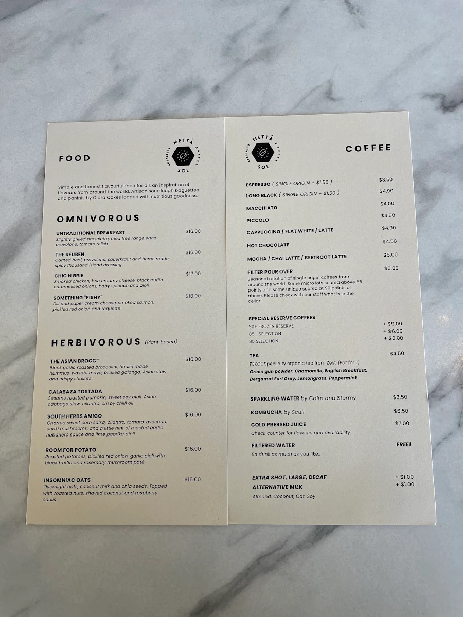 Menu, Metta Sol Specialty Coffee