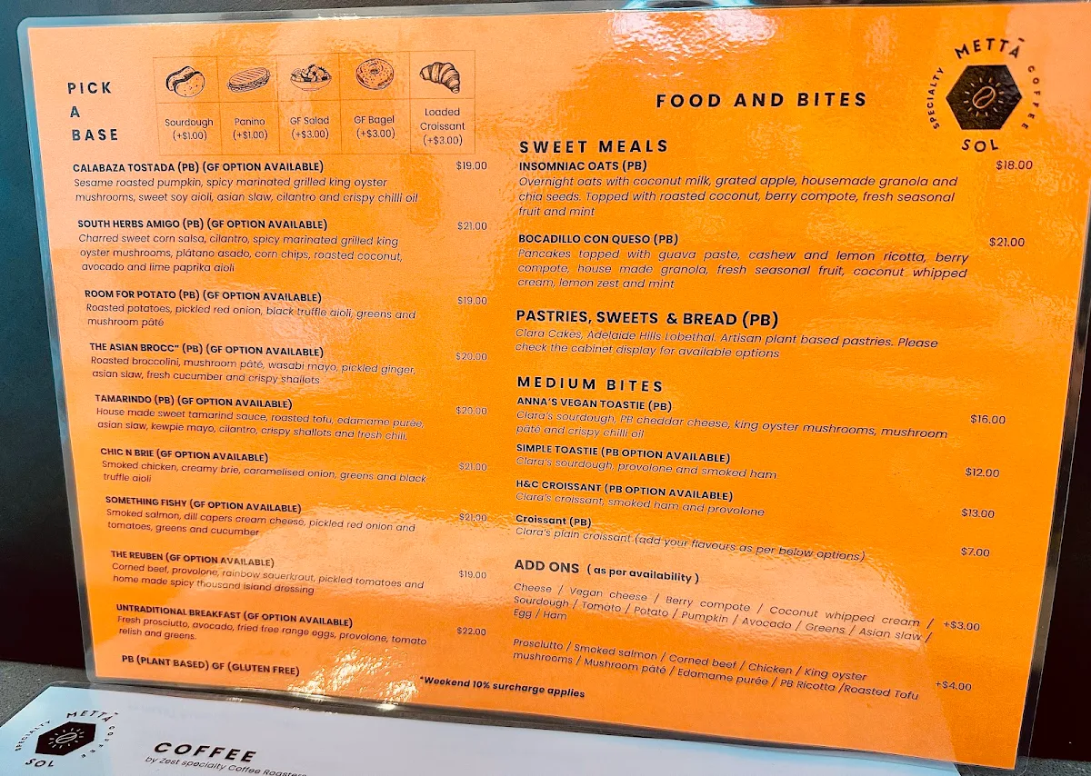 Menu, Metta Sol Specialty Coffee