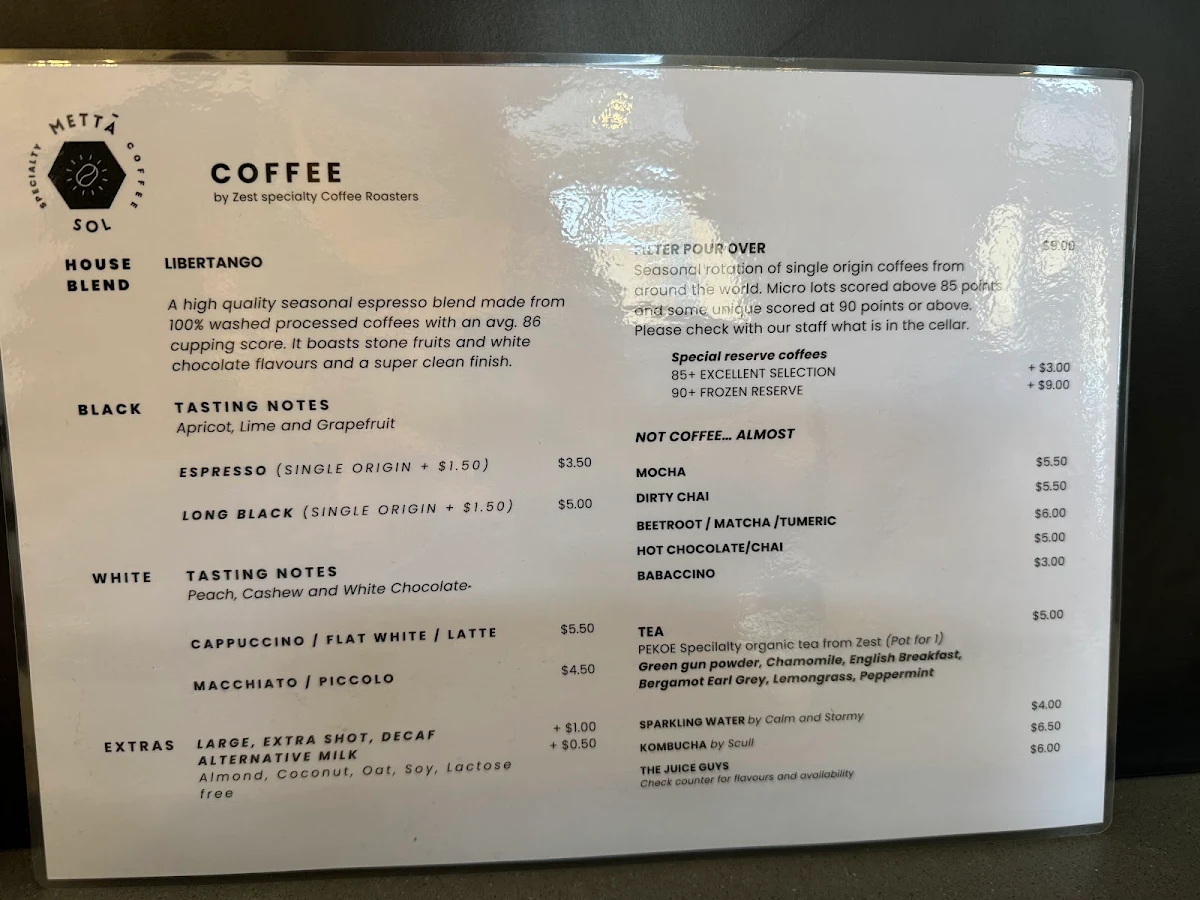 Menu, Metta Sol Specialty Coffee
