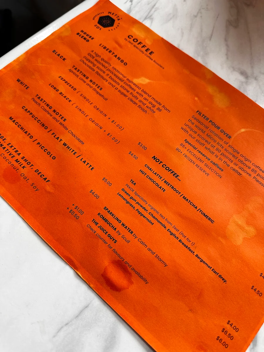 Menu, Metta Sol Specialty Coffee