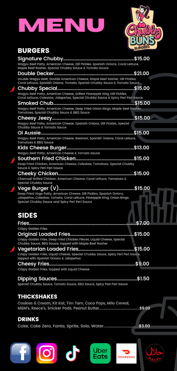 Menu, Chubby Buns Burgers Enmore