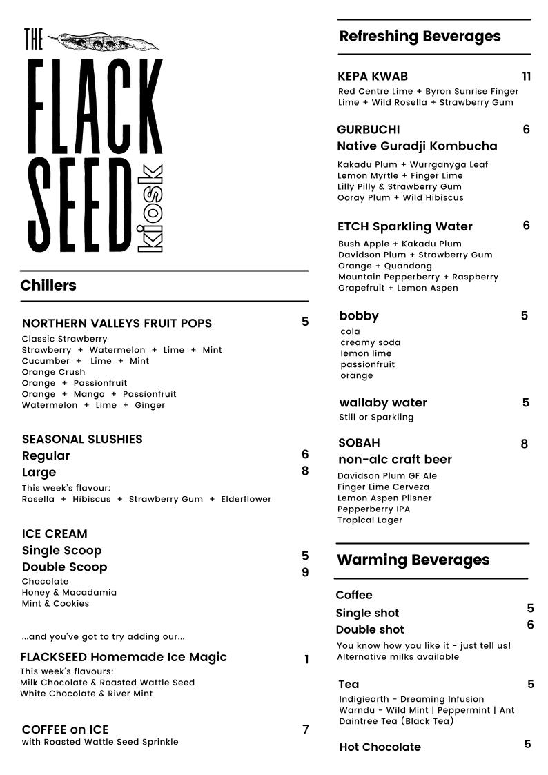 Menu, The FLACKSEED Cafe/Kiosk