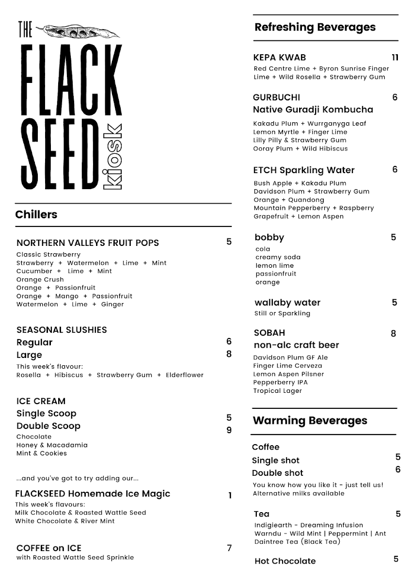Menu, The FLACKSEED Cafe/Kiosk