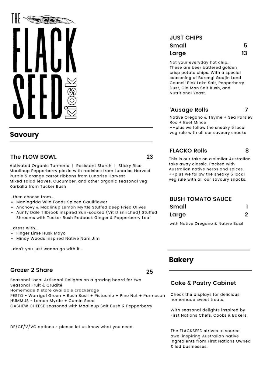 Menu, The FLACKSEED Cafe/Kiosk