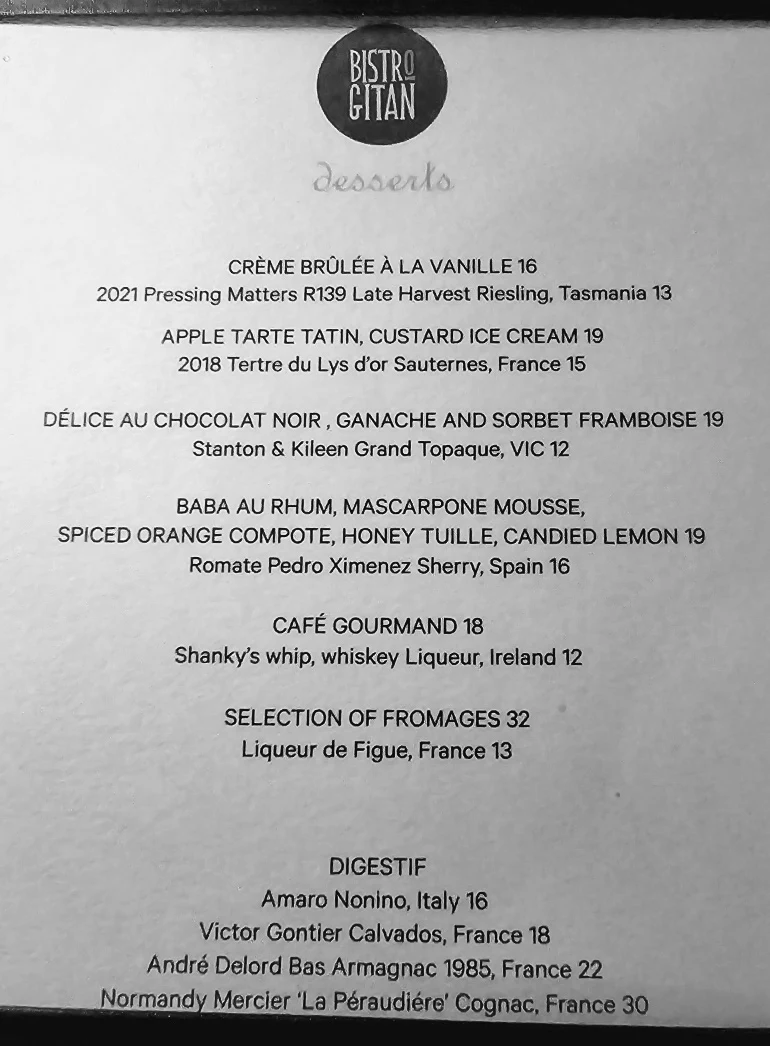 Menu, Bistro Gitan