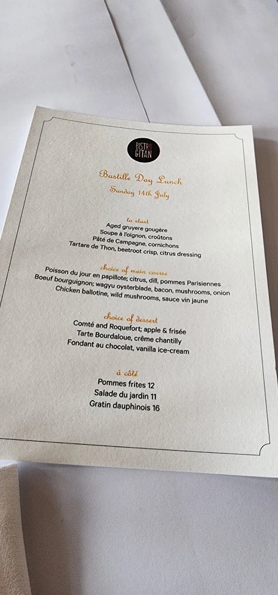 Menu, Bistro Gitan
