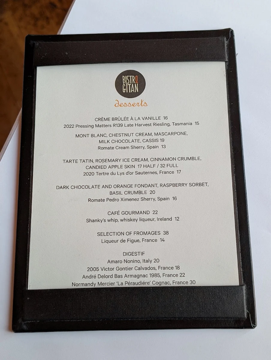 Menu, Bistro Gitan